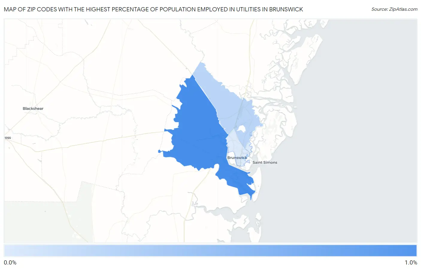 Zip Codes with the Highest Percentage of Population Employed in Utilities in Brunswick Map