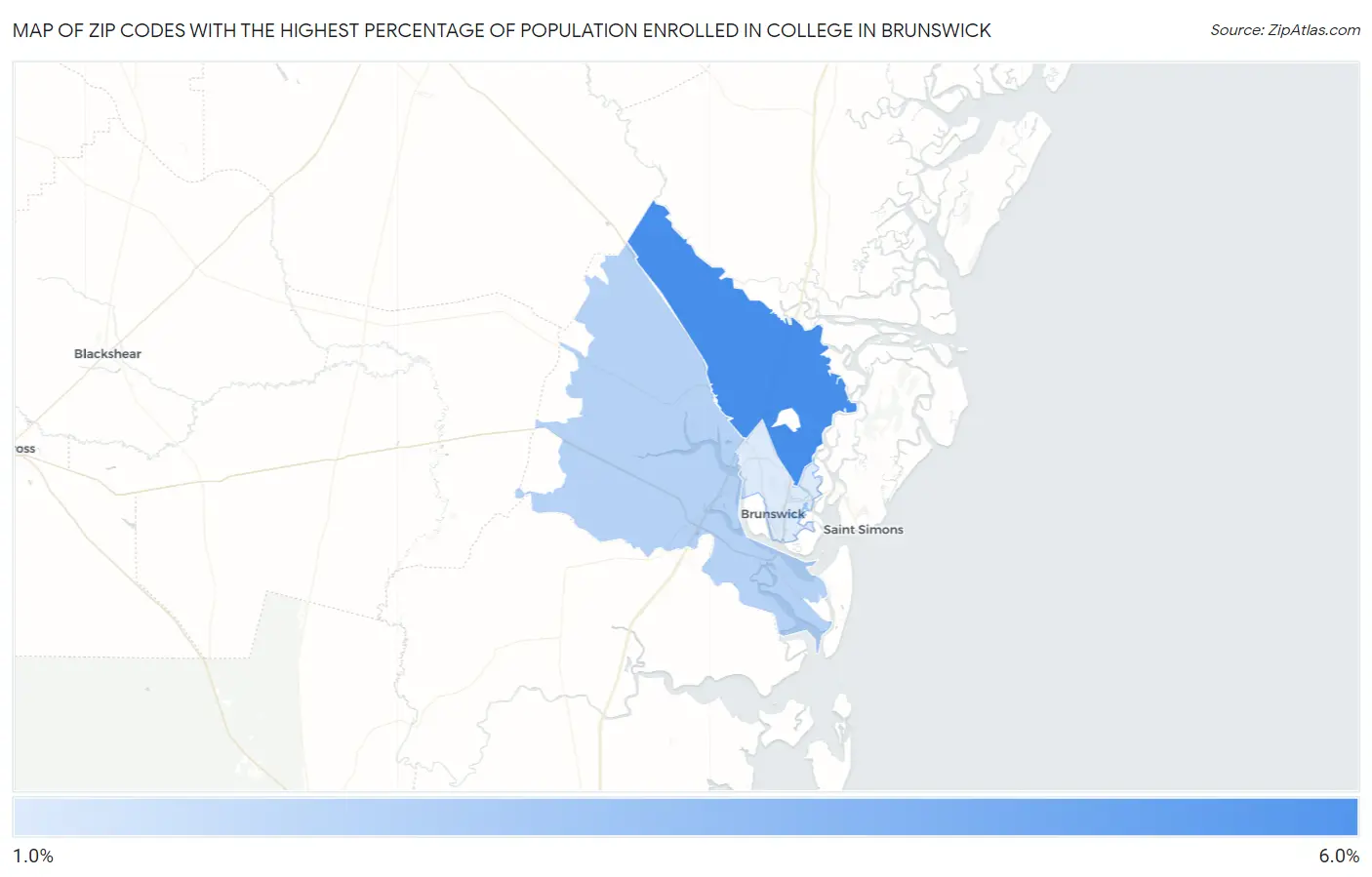 Zip Codes with the Highest Percentage of Population Enrolled in College in Brunswick Map