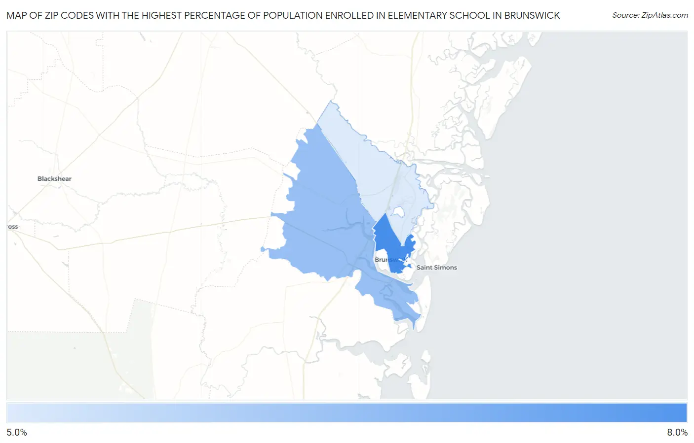 Zip Codes with the Highest Percentage of Population Enrolled in Elementary School in Brunswick Map