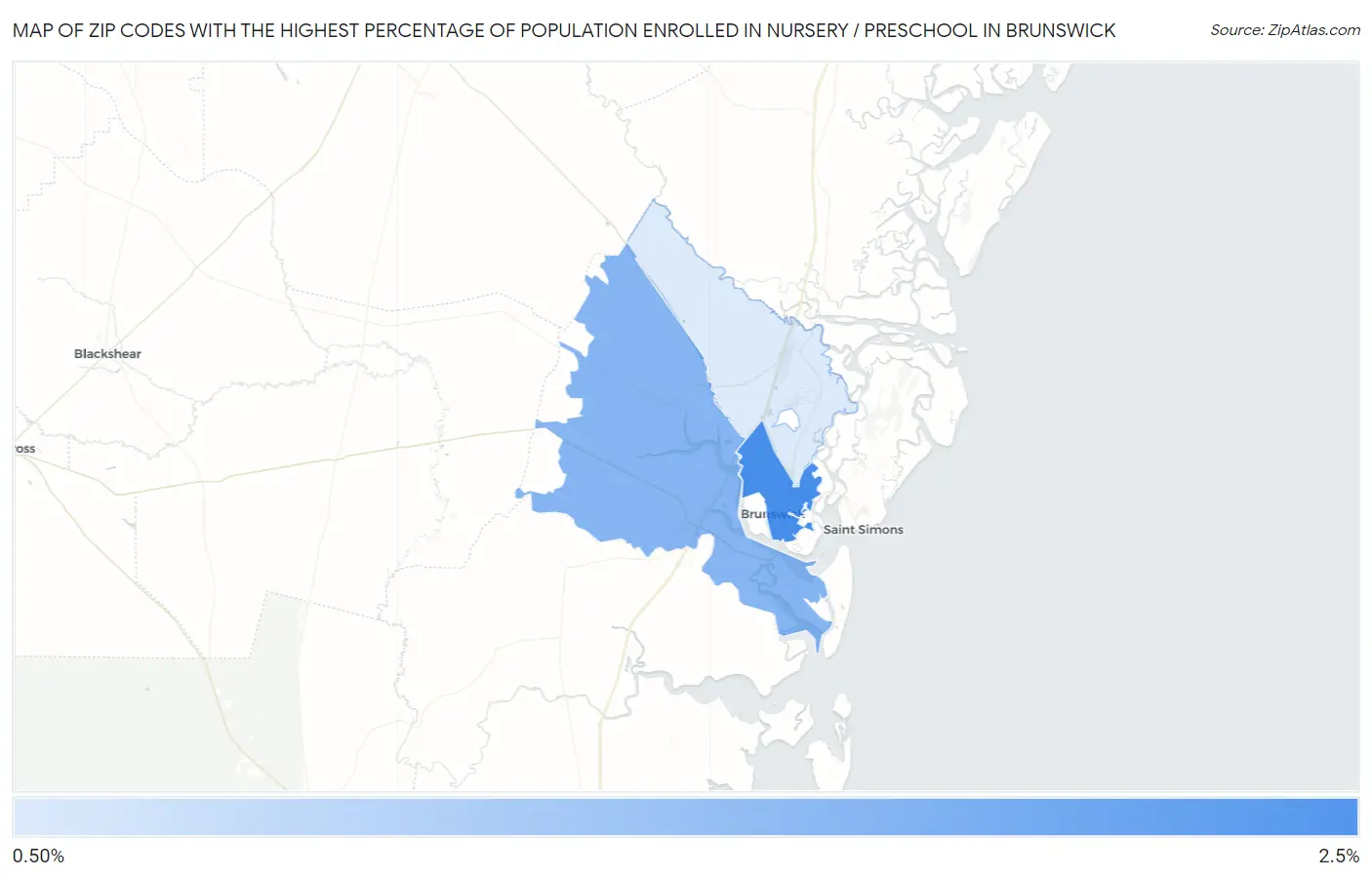 Zip Codes with the Highest Percentage of Population Enrolled in Nursery / Preschool in Brunswick Map