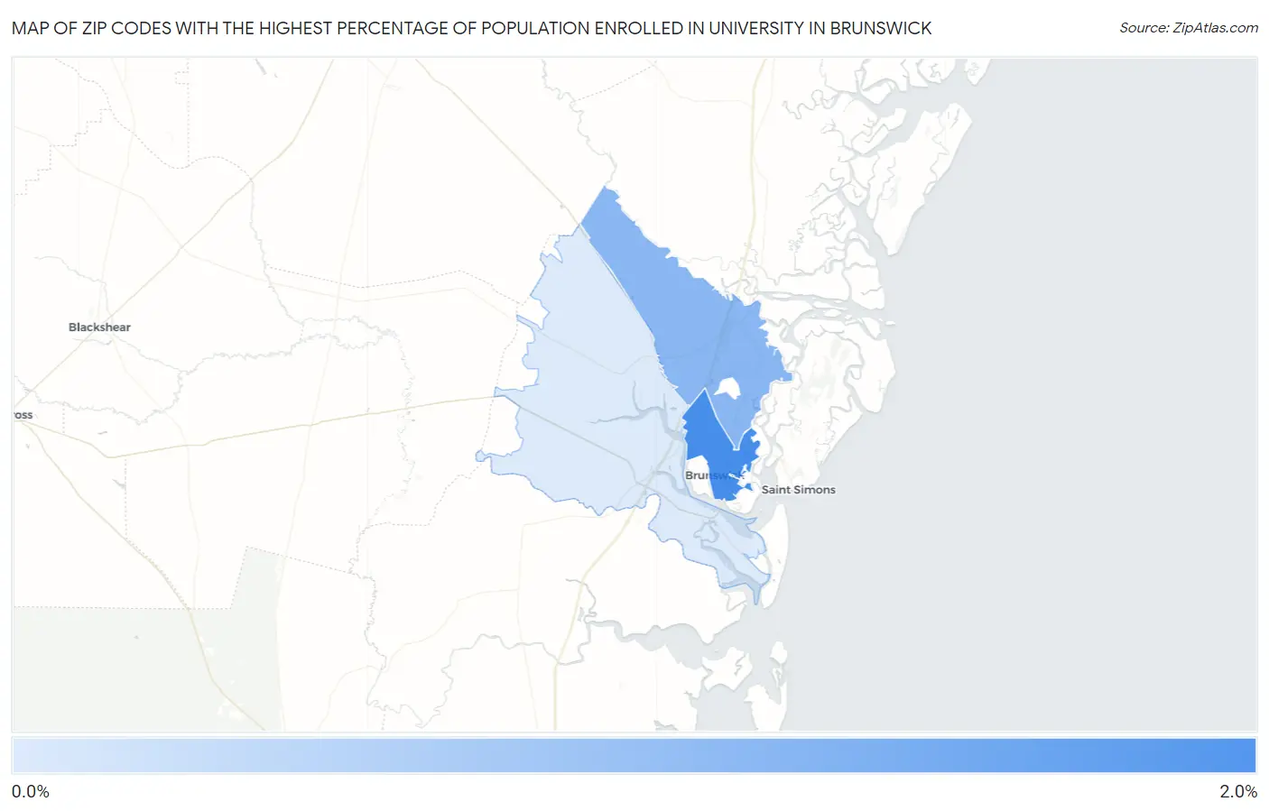 Zip Codes with the Highest Percentage of Population Enrolled in University in Brunswick Map