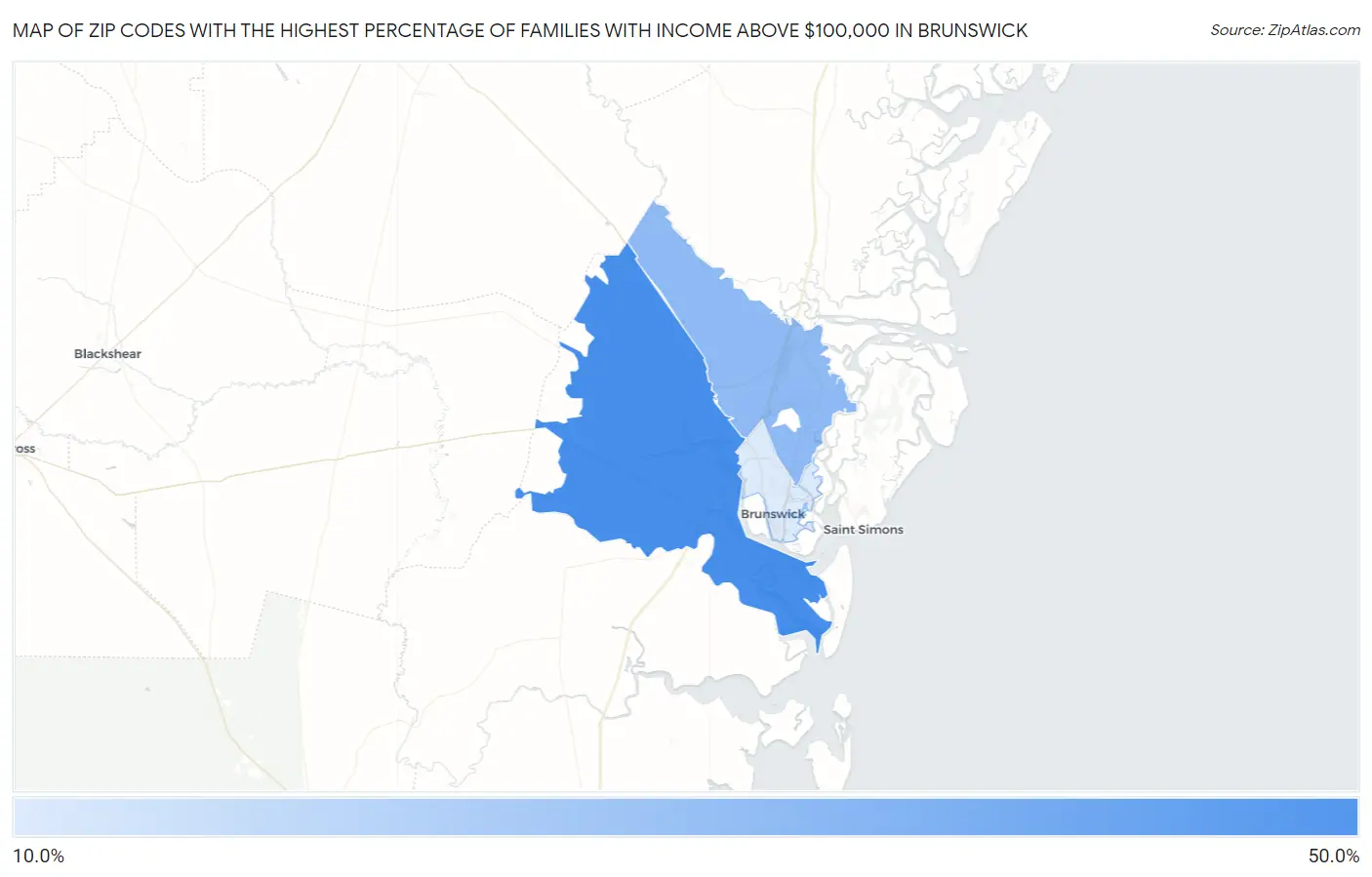 Zip Codes with the Highest Percentage of Families with Income Above $100,000 in Brunswick Map