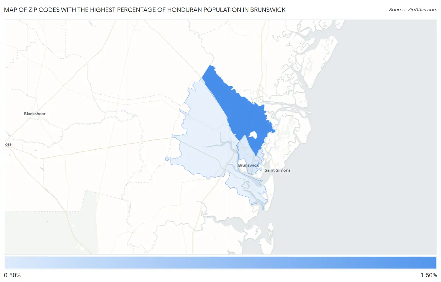 Zip Codes with the Highest Percentage of Honduran Population in Brunswick Map
