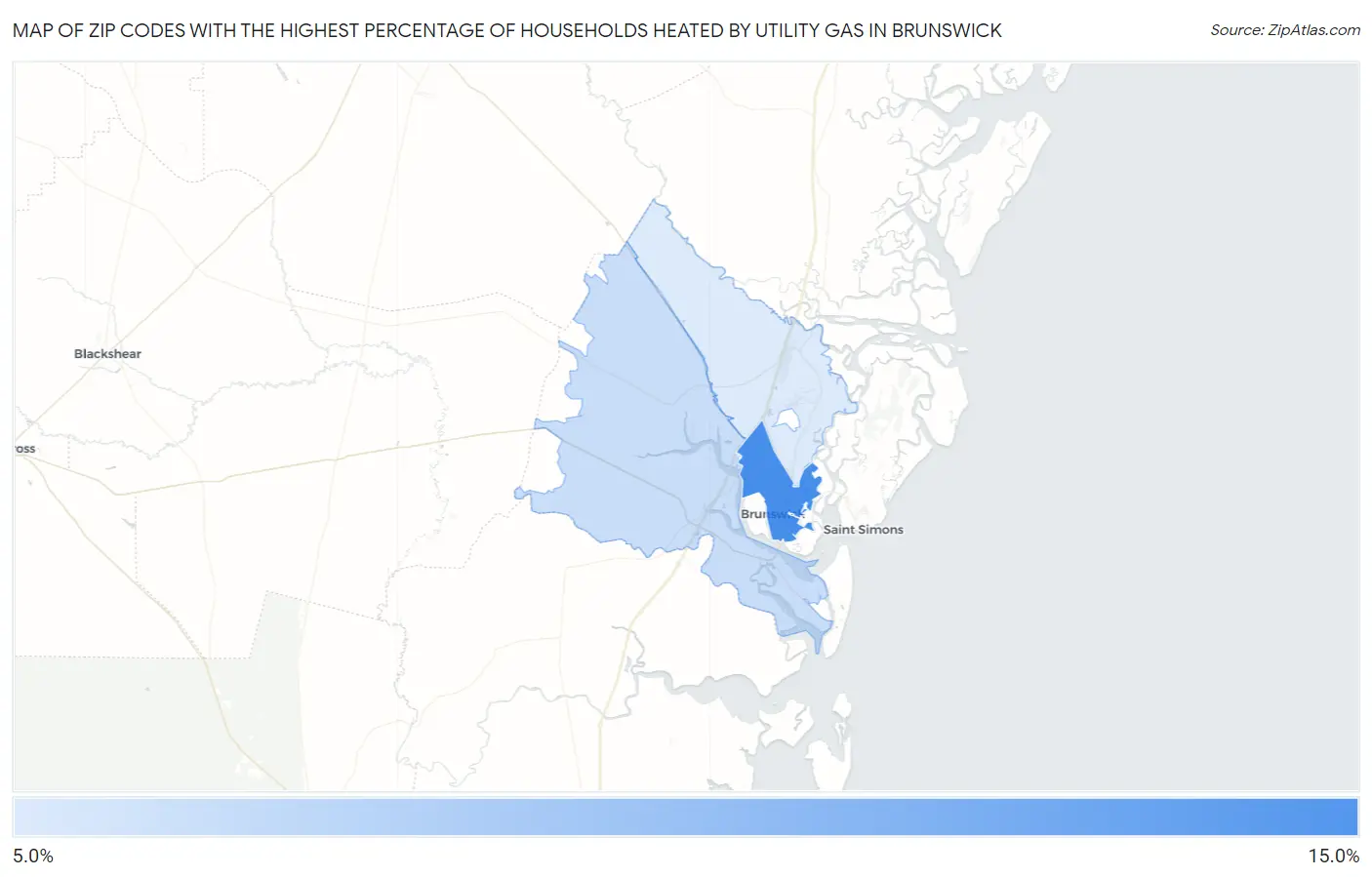 Zip Codes with the Highest Percentage of Households Heated by Utility Gas in Brunswick Map