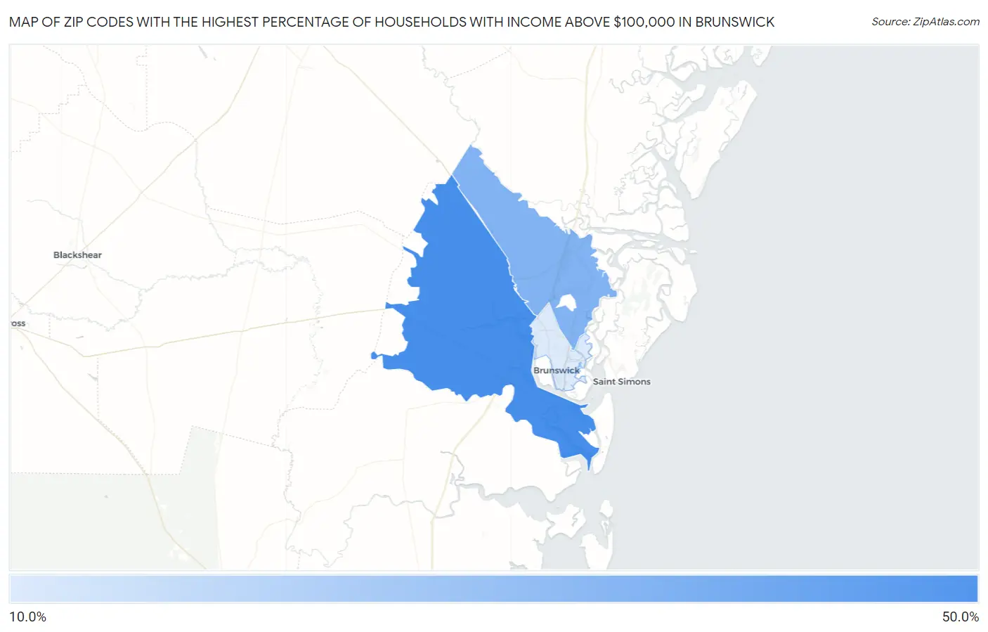 Zip Codes with the Highest Percentage of Households with Income Above $100,000 in Brunswick Map