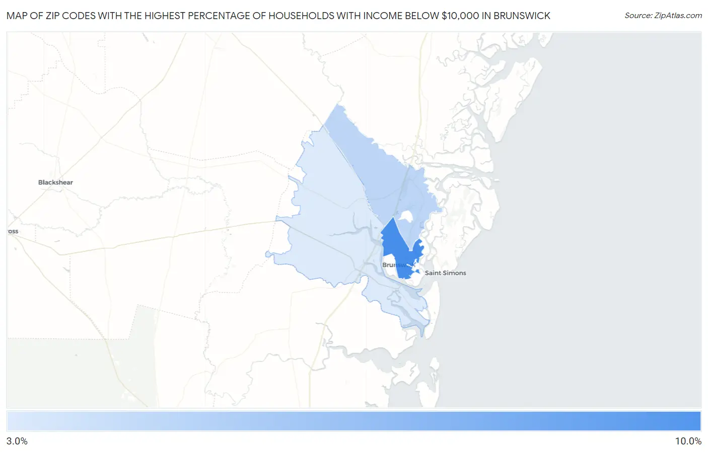 Zip Codes with the Highest Percentage of Households with Income Below $10,000 in Brunswick Map