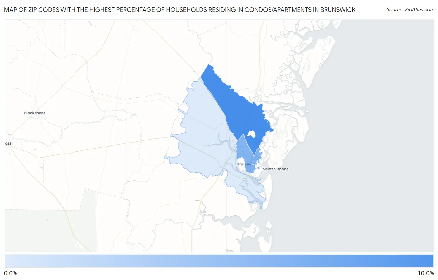 Zip Codes with the Highest Percentage of Households Residing in Condos/Apartments in Brunswick Map