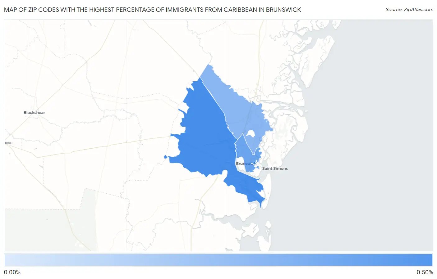 Zip Codes with the Highest Percentage of Immigrants from Caribbean in Brunswick Map