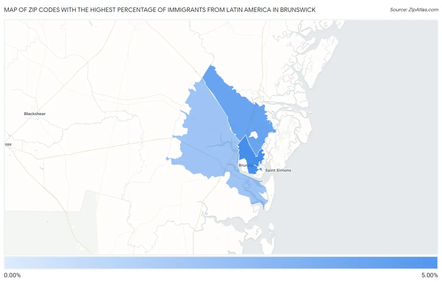 Zip Codes with the Highest Percentage of Immigrants from Latin America in Brunswick Map