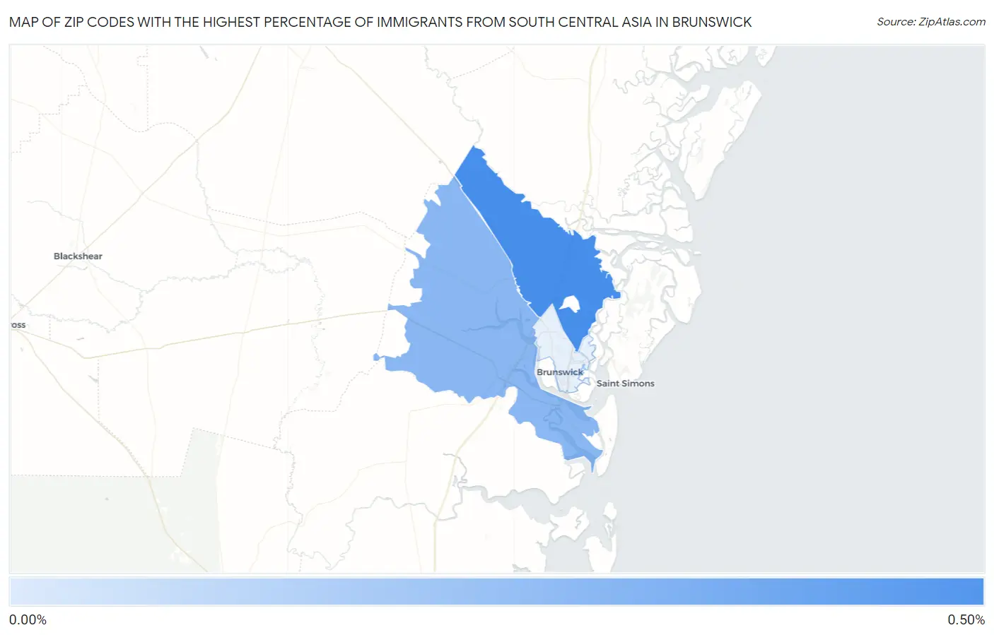 Zip Codes with the Highest Percentage of Immigrants from South Central Asia in Brunswick Map