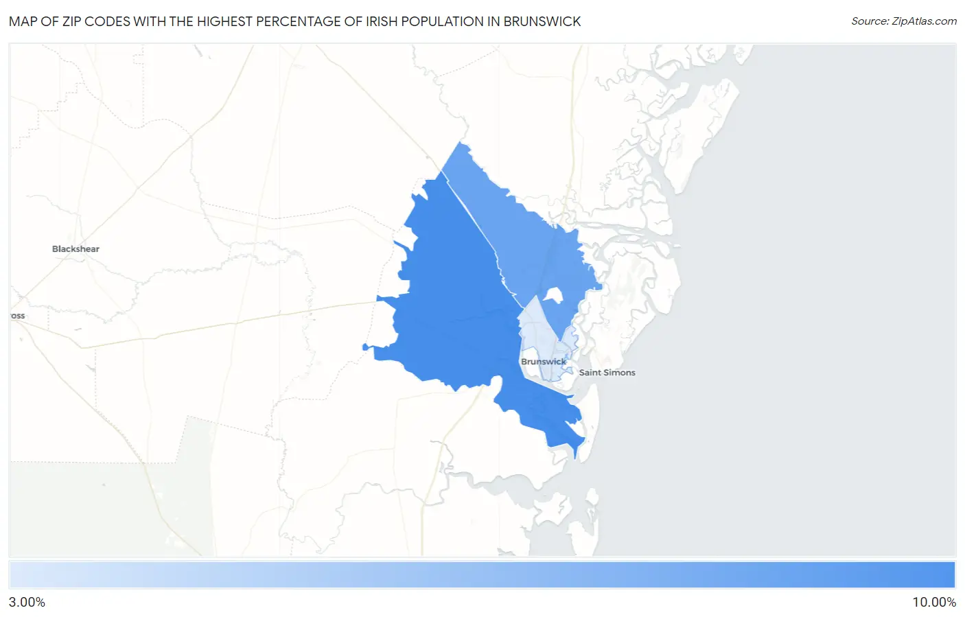 Zip Codes with the Highest Percentage of Irish Population in Brunswick Map