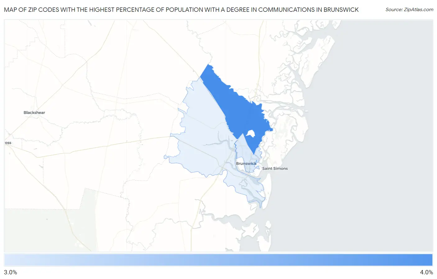 Zip Codes with the Highest Percentage of Population with a Degree in Communications in Brunswick Map