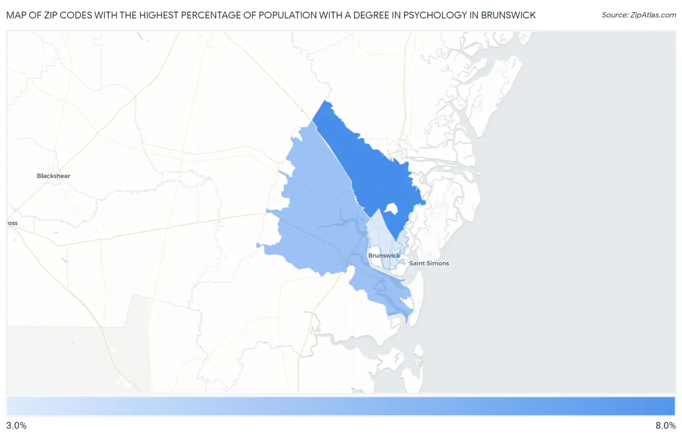Zip Codes with the Highest Percentage of Population with a Degree in Psychology in Brunswick Map