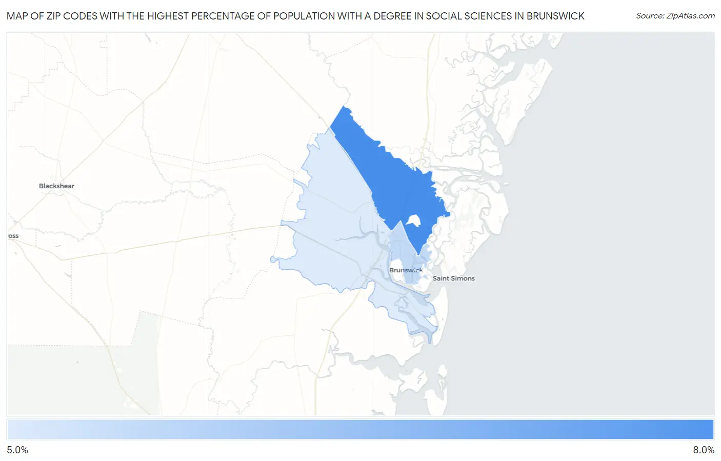 Zip Codes with the Highest Percentage of Population with a Degree in Social Sciences in Brunswick Map