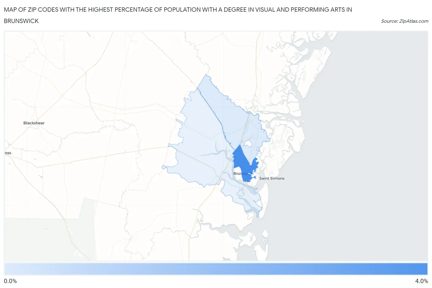 Zip Codes with the Highest Percentage of Population with a Degree in Visual and Performing Arts in Brunswick Map