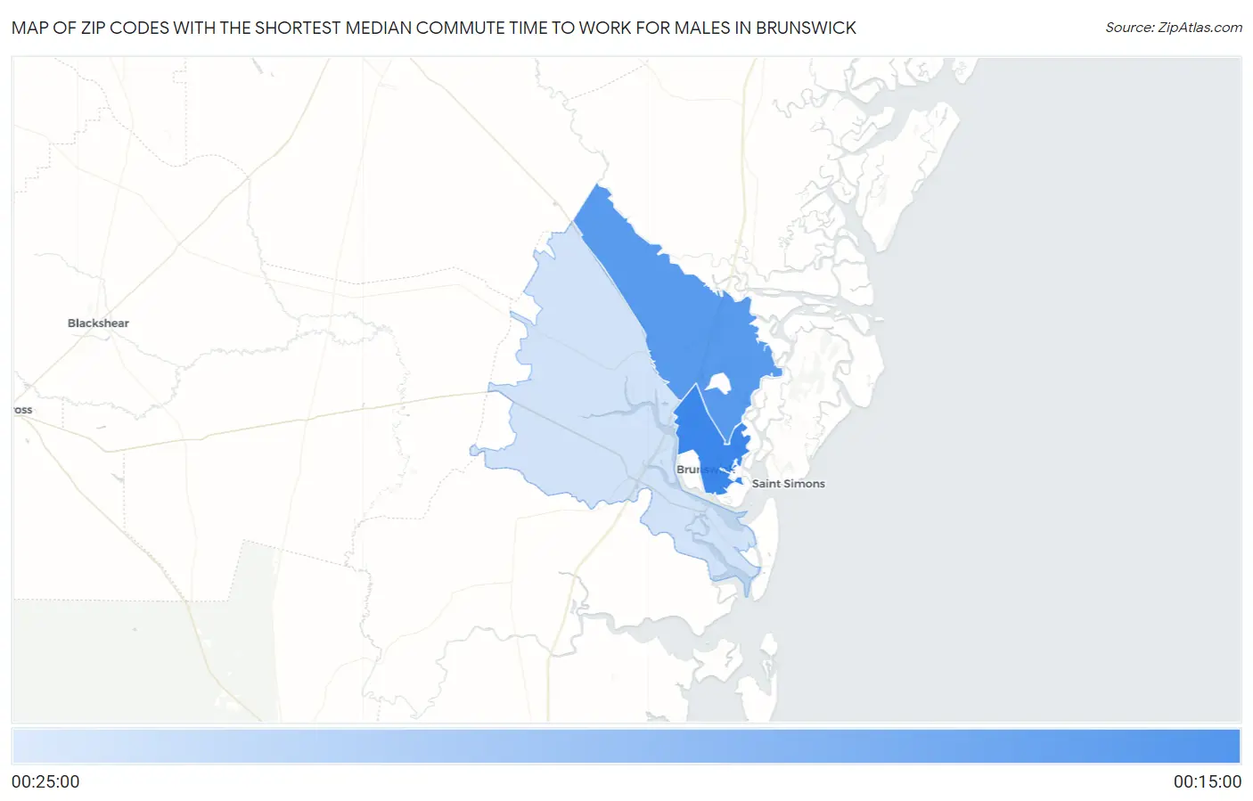 Zip Codes with the Shortest Median Commute Time to Work for Males in Brunswick Map