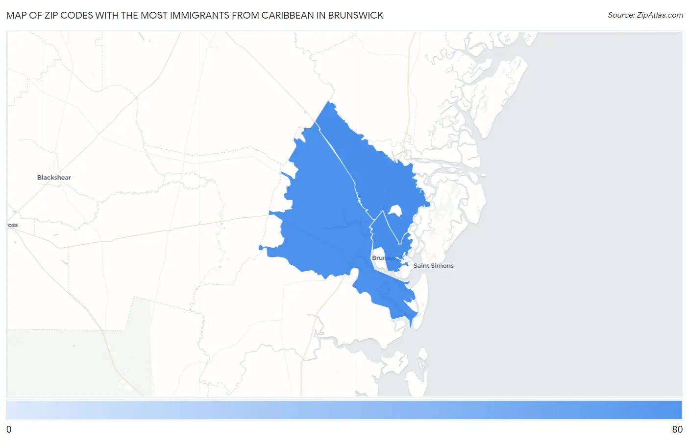 Zip Codes with the Most Immigrants from Caribbean in Brunswick Map