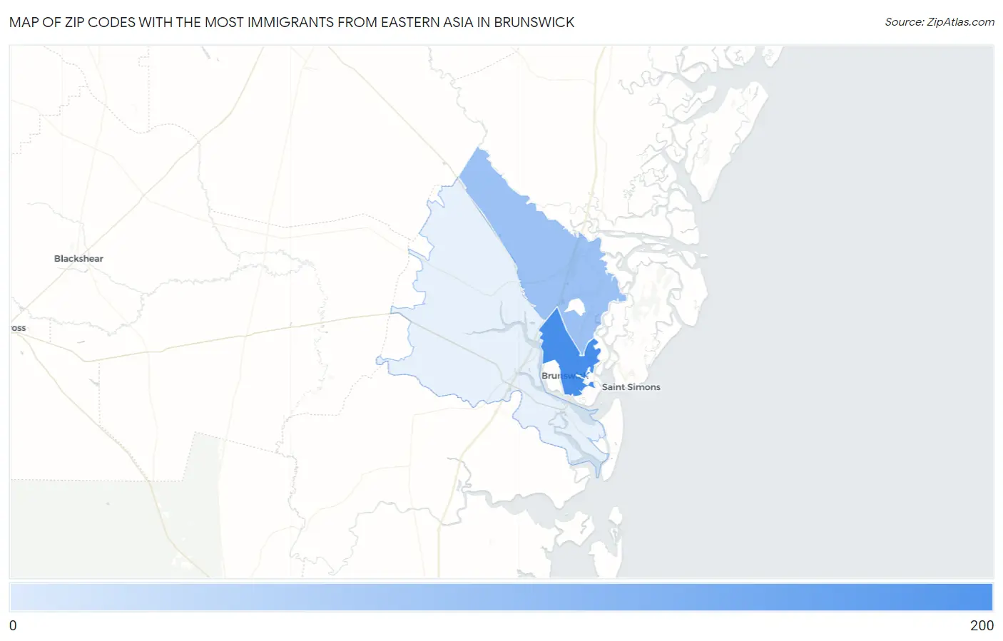 Zip Codes with the Most Immigrants from Eastern Asia in Brunswick Map