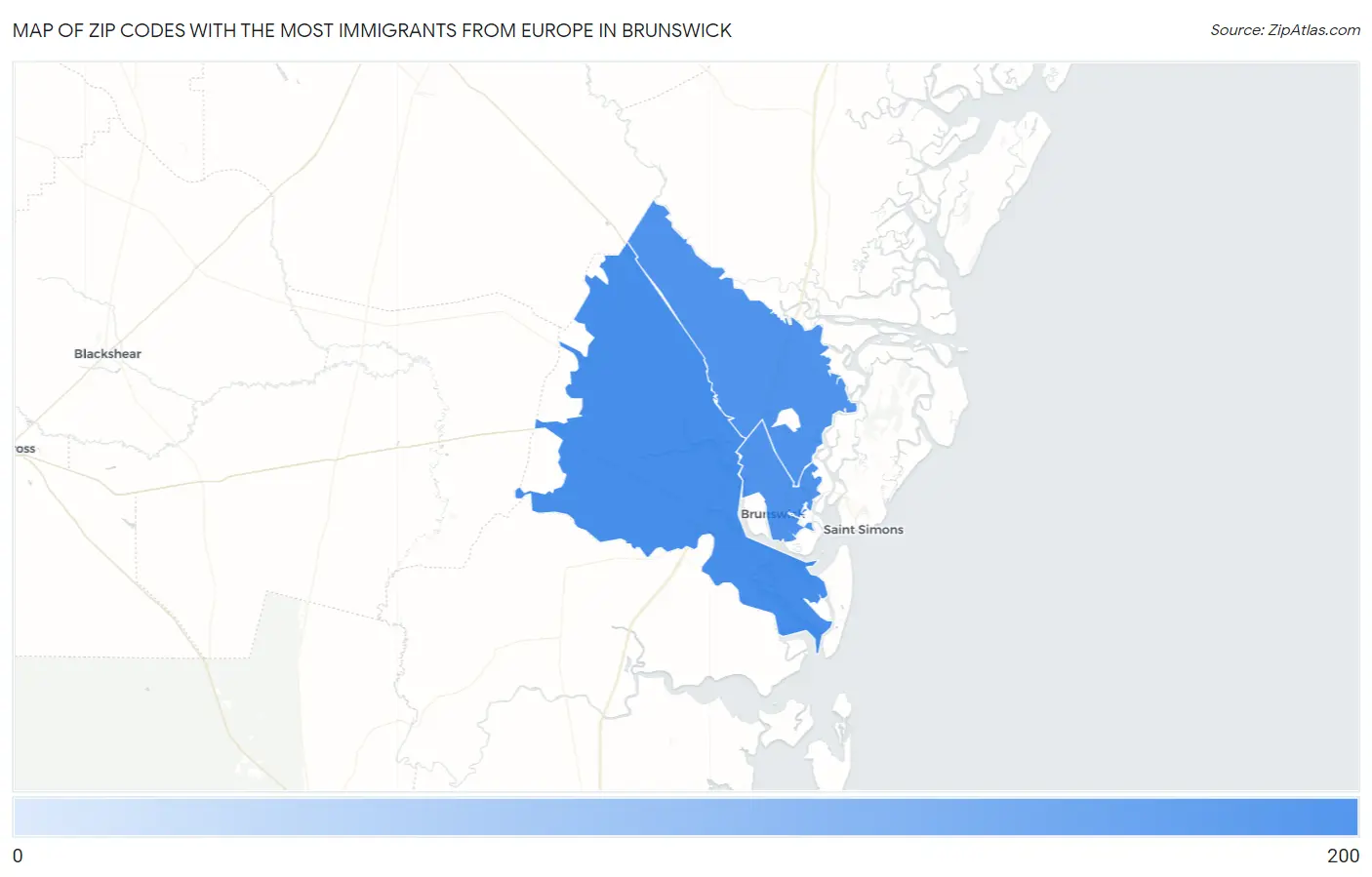 Zip Codes with the Most Immigrants from Europe in Brunswick Map