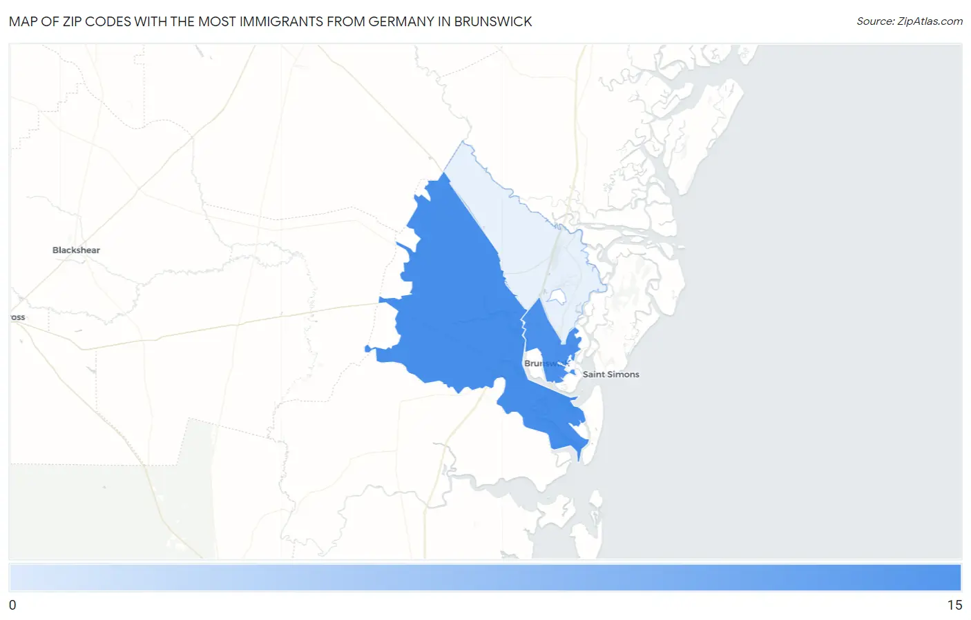 Zip Codes with the Most Immigrants from Germany in Brunswick Map