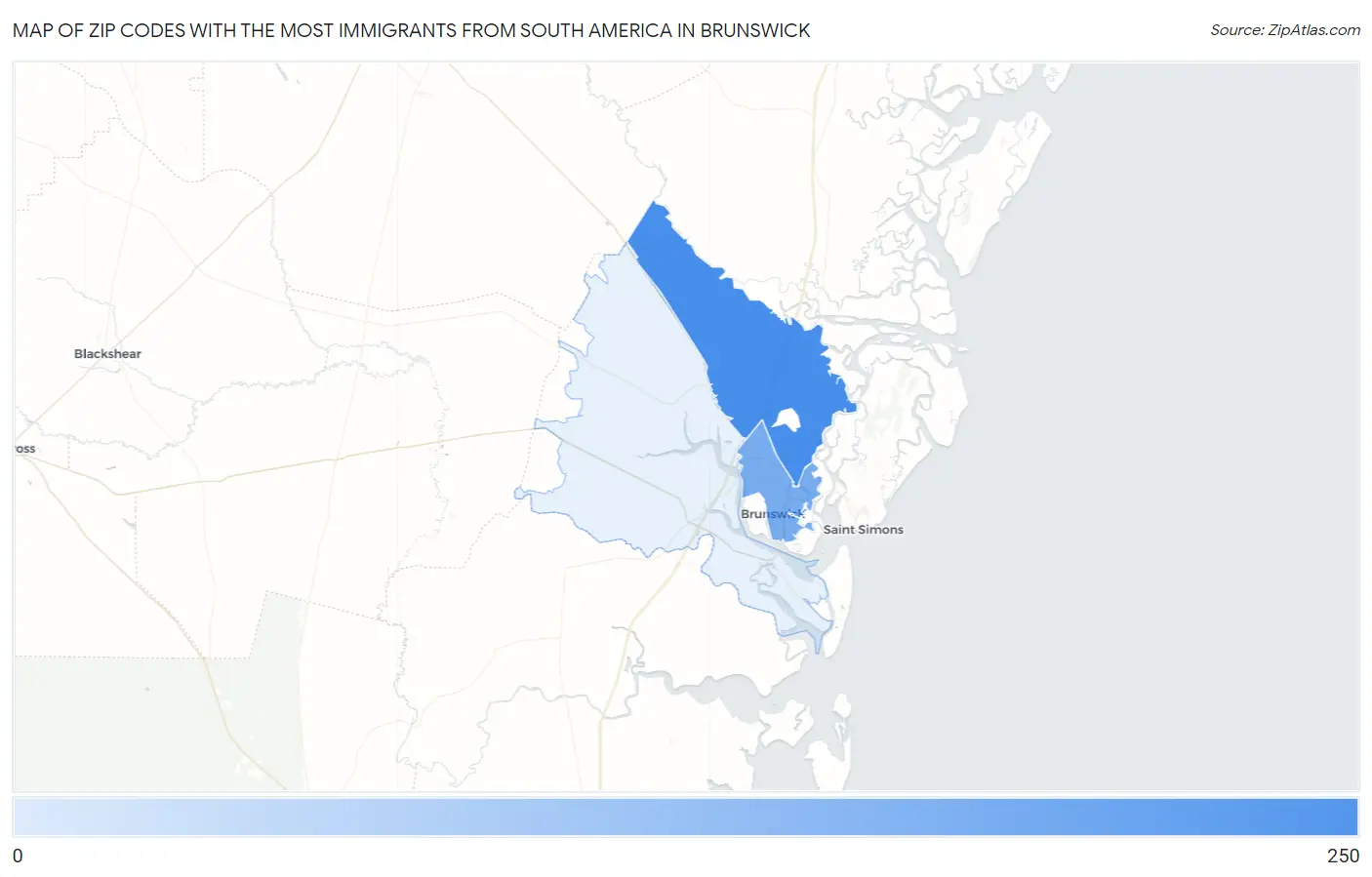 Zip Codes with the Most Immigrants from South America in Brunswick Map