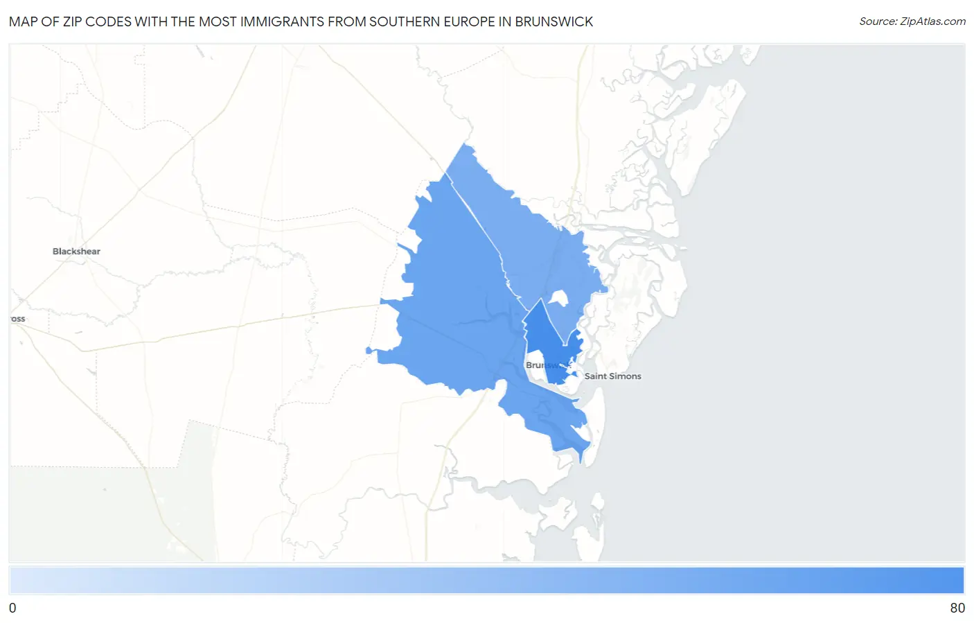 Zip Codes with the Most Immigrants from Southern Europe in Brunswick Map
