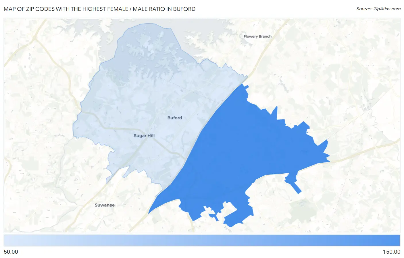 Zip Codes with the Highest Female / Male Ratio in Buford Map