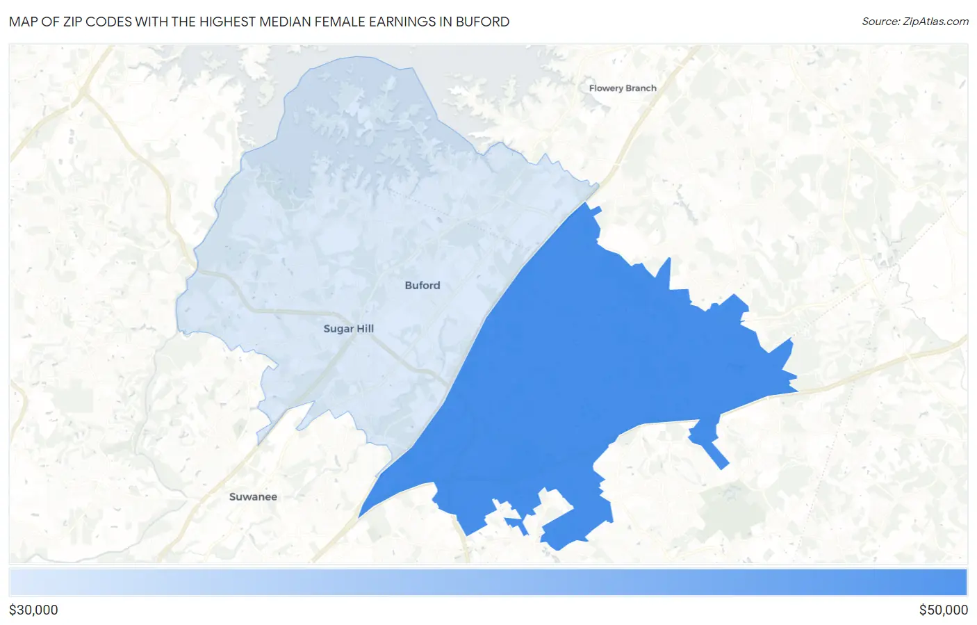 Zip Codes with the Highest Median Female Earnings in Buford Map