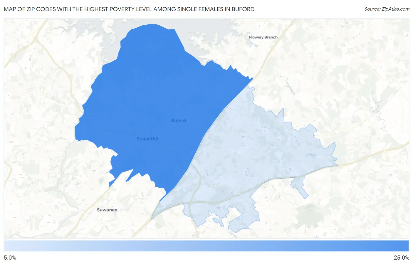 Zip Codes with the Highest Poverty Level Among Single Females in Buford Map
