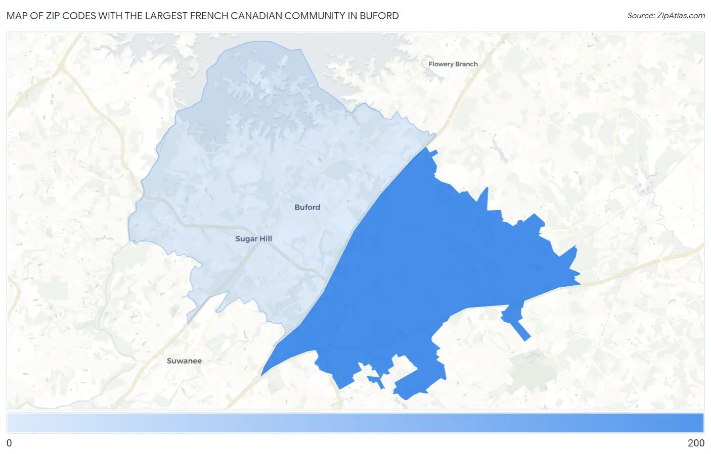 Zip Codes with the Largest French Canadian Community in Buford Map