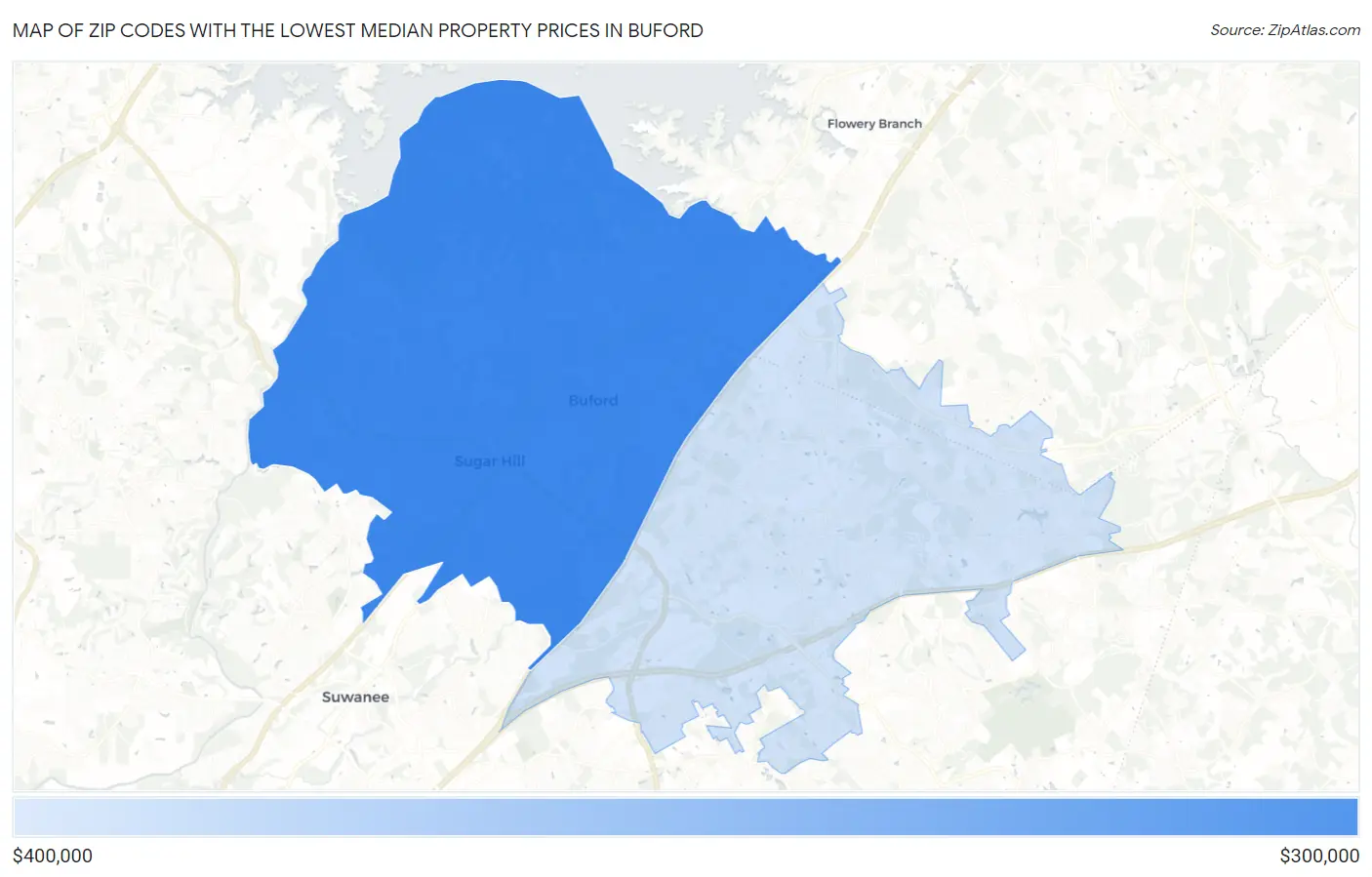Zip Codes with the Lowest Median Property Prices in Buford Map