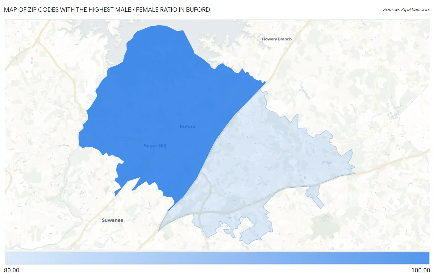 Zip Codes with the Highest Male / Female Ratio in Buford Map