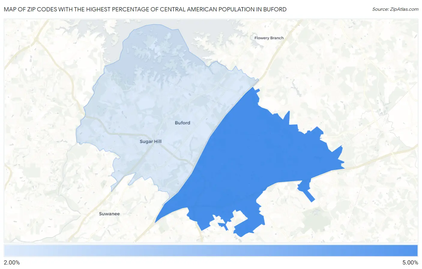 Zip Codes with the Highest Percentage of Central American Population in Buford Map