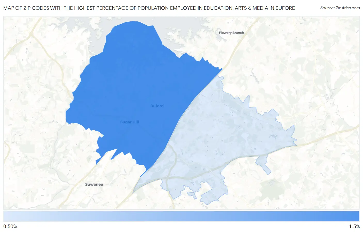 Zip Codes with the Highest Percentage of Population Employed in Education, Arts & Media in Buford Map