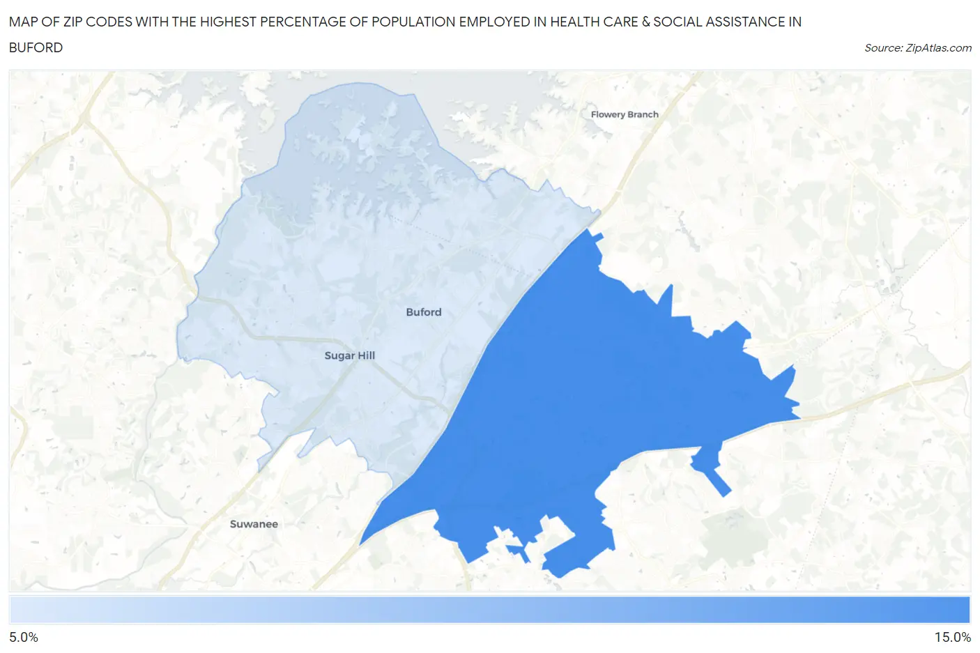 Zip Codes with the Highest Percentage of Population Employed in Health Care & Social Assistance in Buford Map