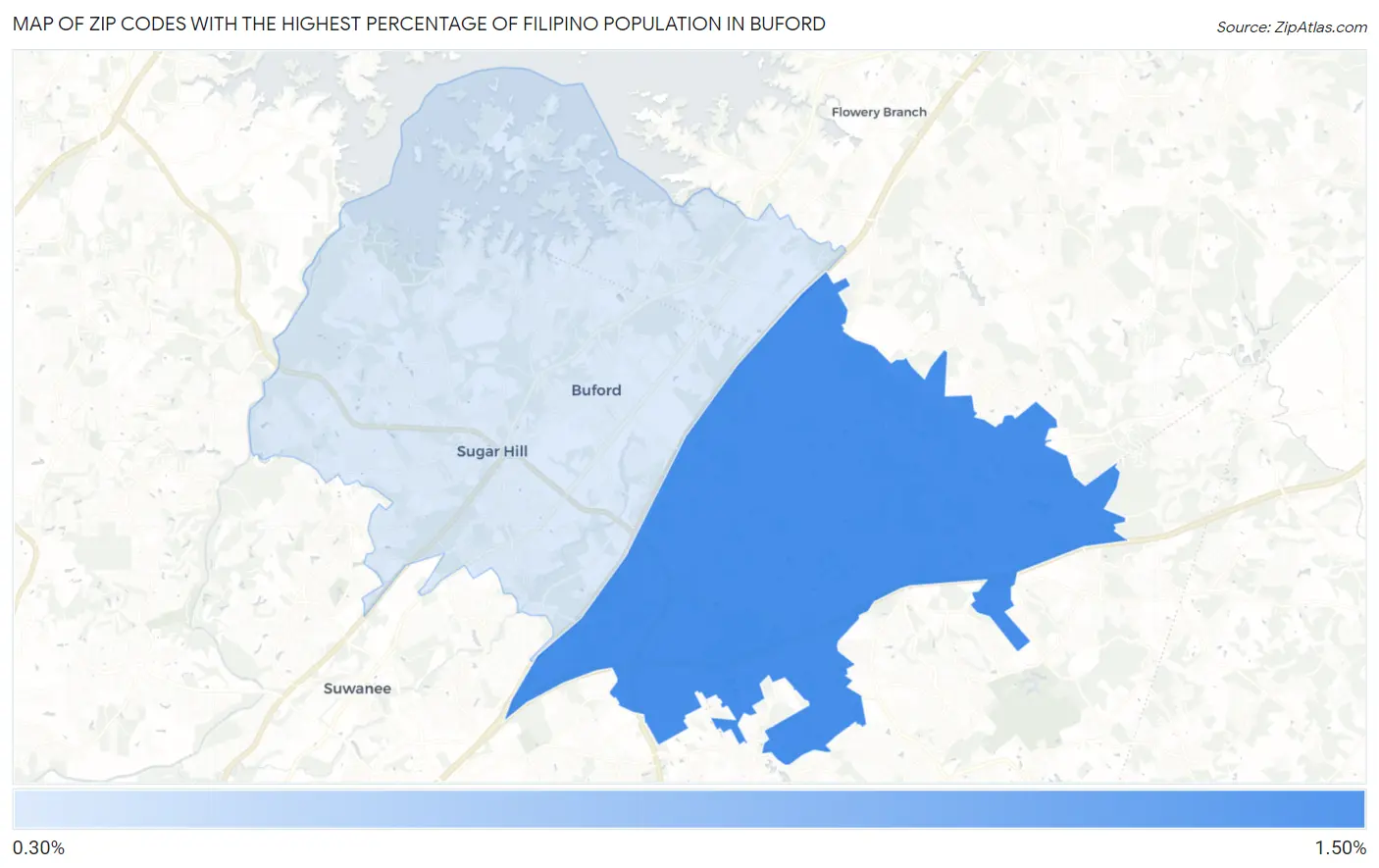 Zip Codes with the Highest Percentage of Filipino Population in Buford Map