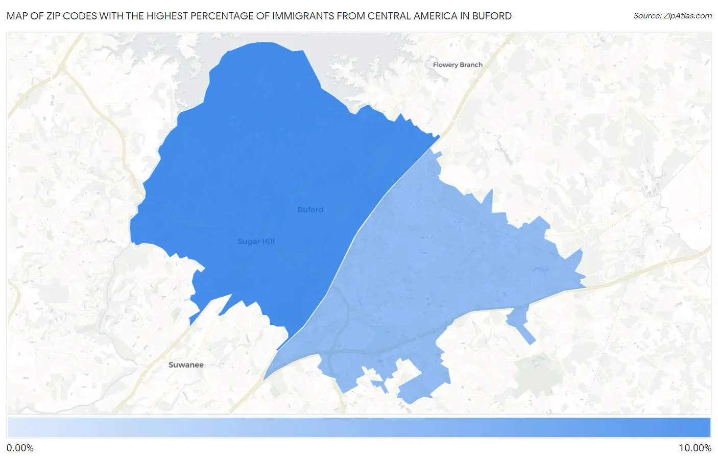 Zip Codes with the Highest Percentage of Immigrants from Central America in Buford Map