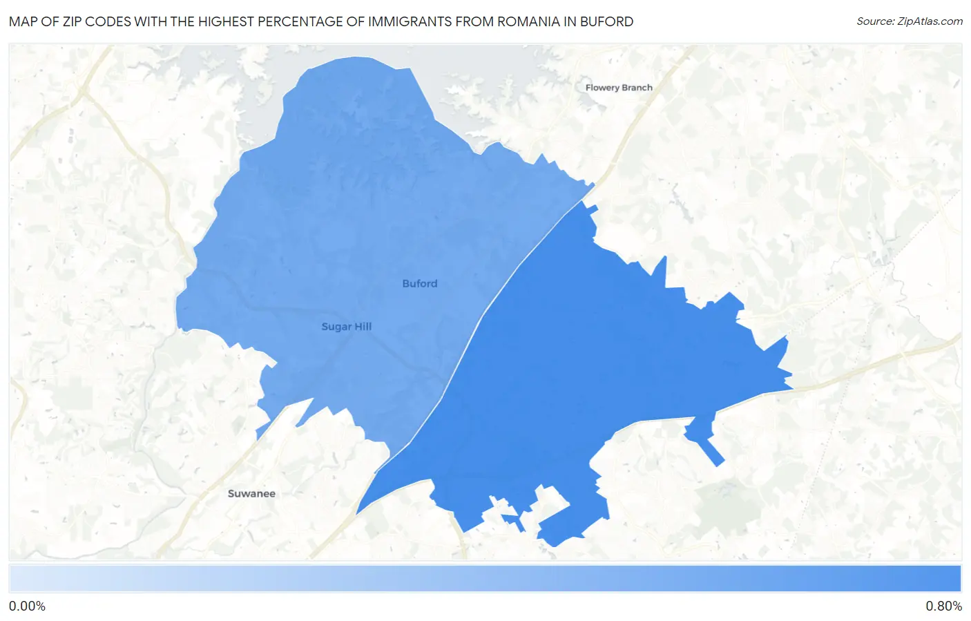Zip Codes with the Highest Percentage of Immigrants from Romania in Buford Map