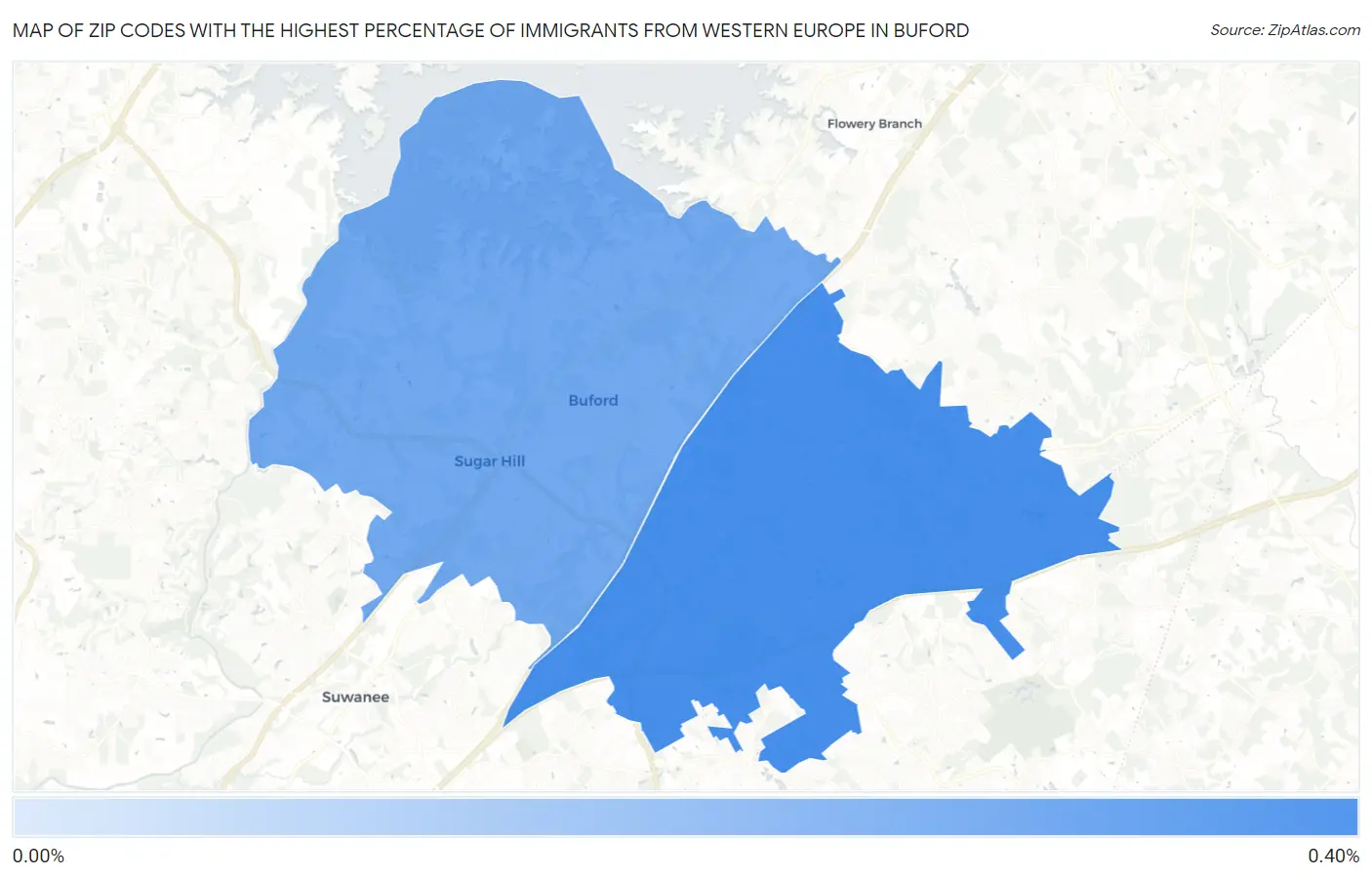 Zip Codes with the Highest Percentage of Immigrants from Western Europe in Buford Map