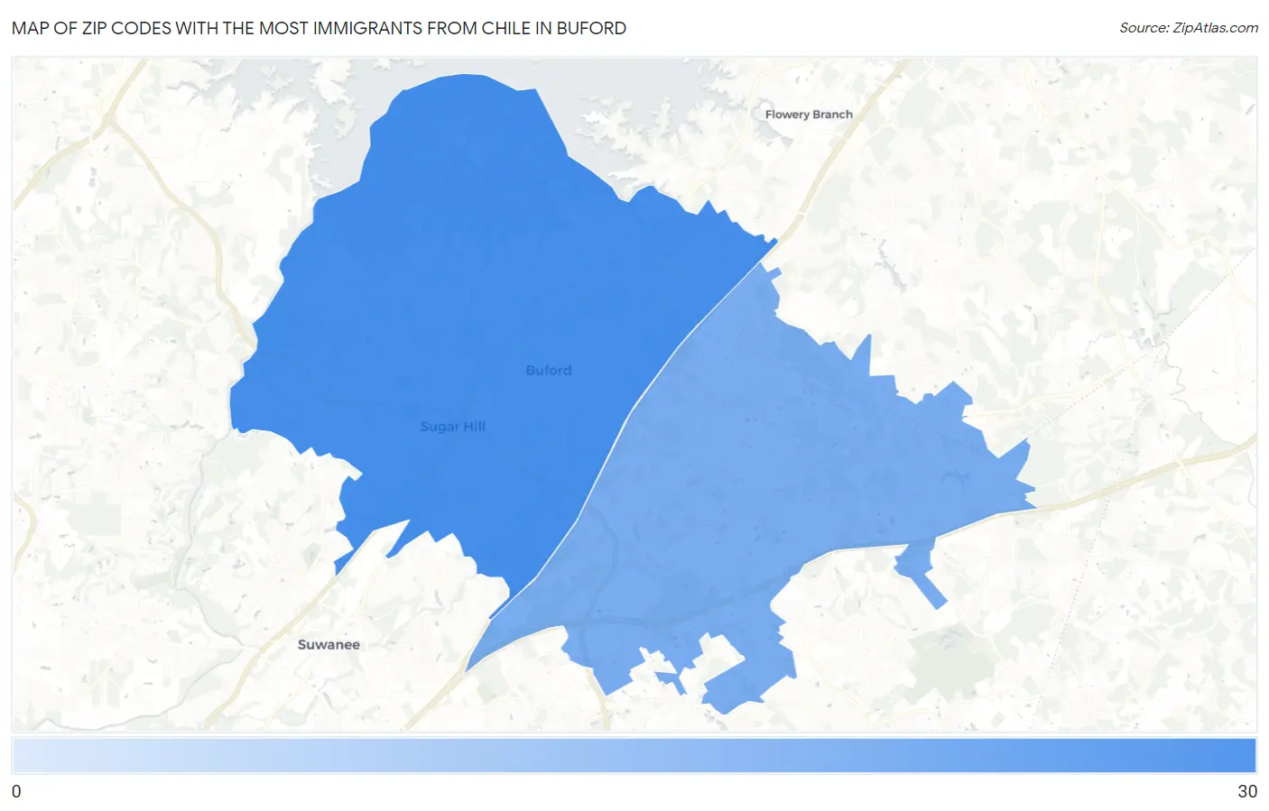 Zip Codes with the Most Immigrants from Chile in Buford Map