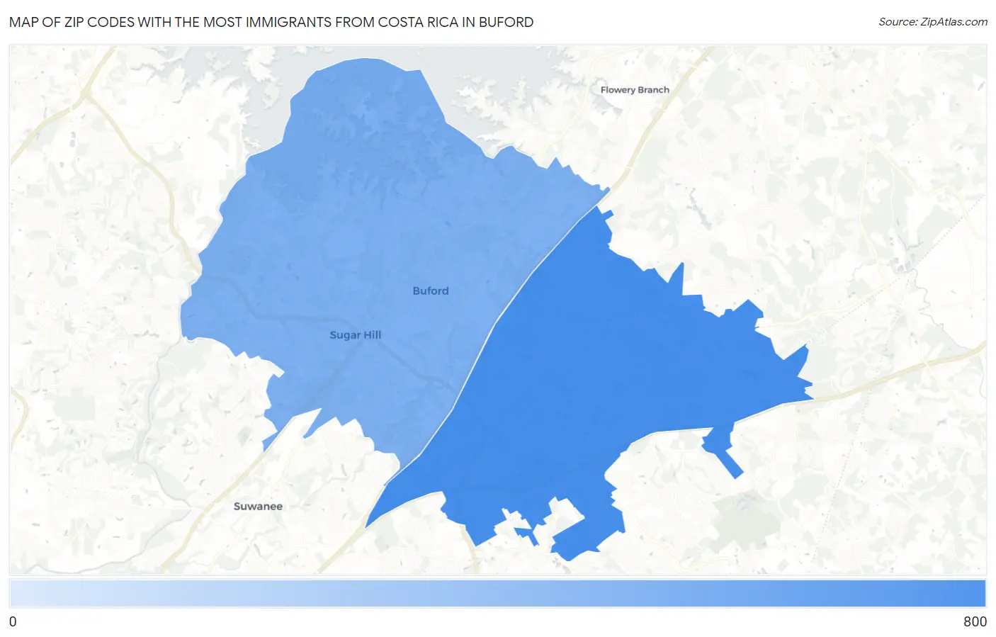 Zip Codes with the Most Immigrants from Costa Rica in Buford Map
