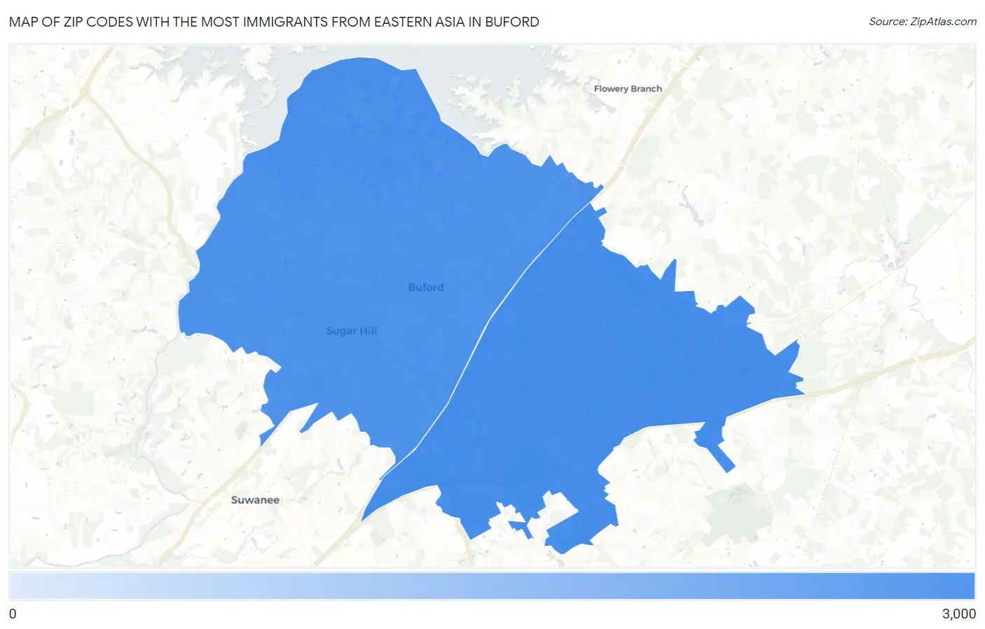 Zip Codes with the Most Immigrants from Eastern Asia in Buford Map