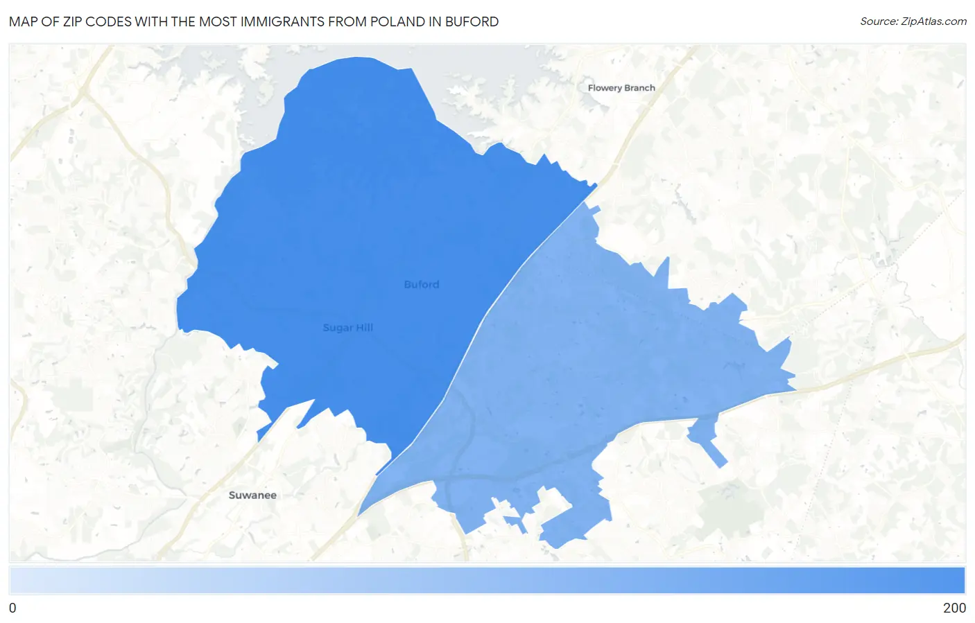 Zip Codes with the Most Immigrants from Poland in Buford Map