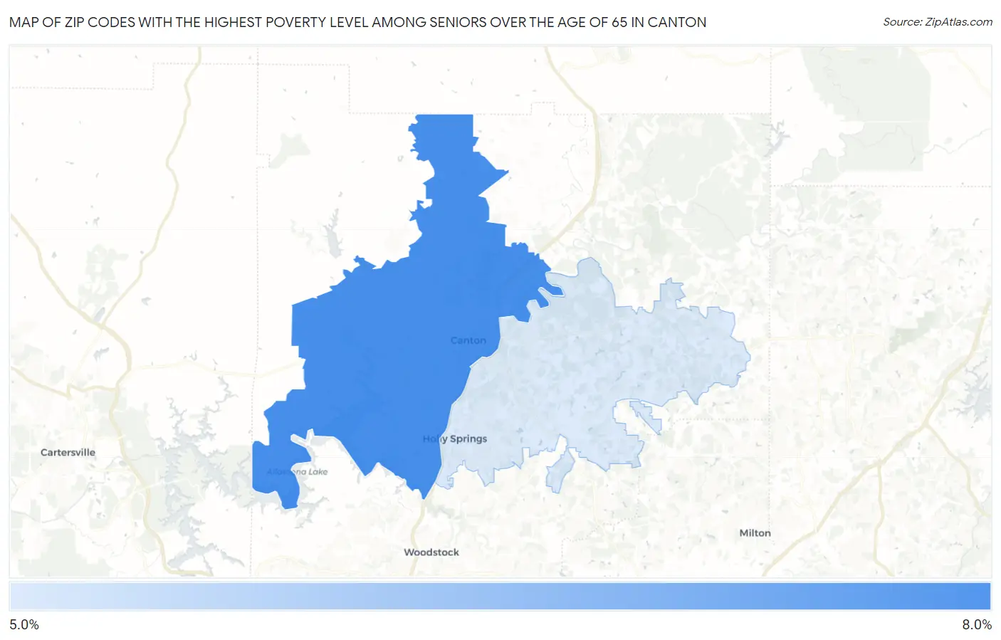 Zip Codes with the Highest Poverty Level Among Seniors Over the Age of 65 in Canton Map