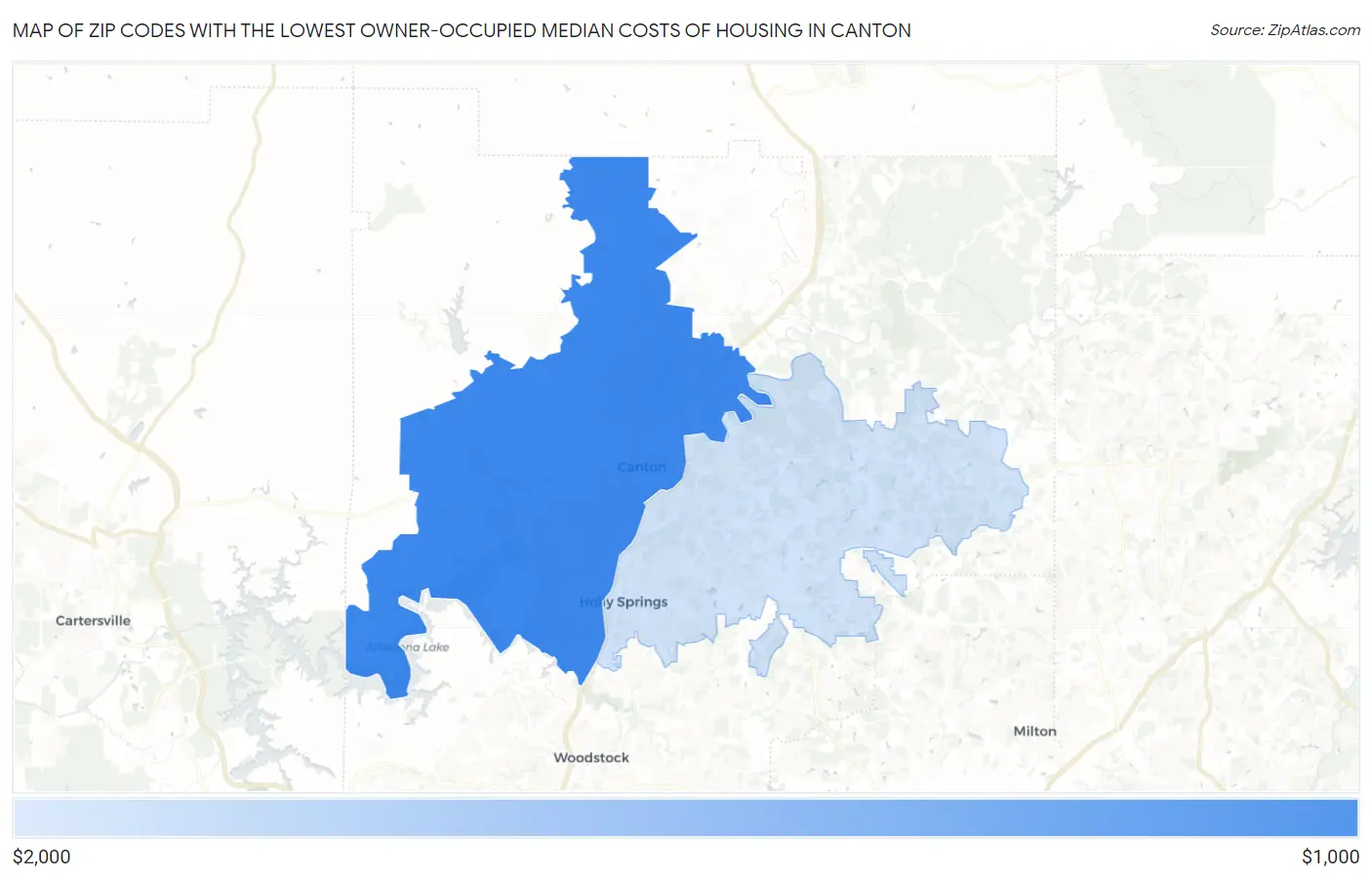 Zip Codes with the Lowest Owner-Occupied Median Costs of Housing in Canton Map