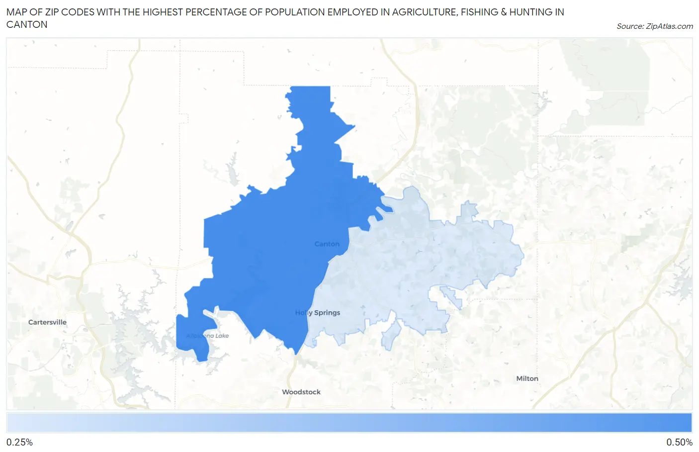 Zip Codes with the Highest Percentage of Population Employed in Agriculture, Fishing & Hunting in Canton Map