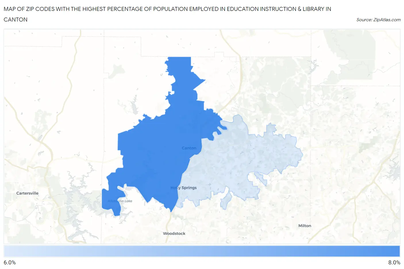 Zip Codes with the Highest Percentage of Population Employed in Education Instruction & Library in Canton Map