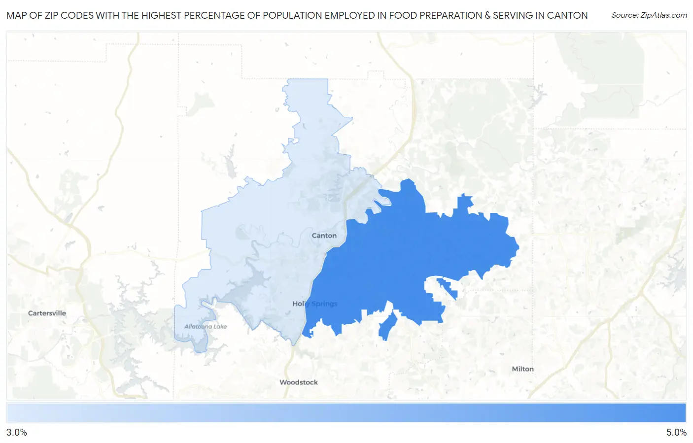 Zip Codes with the Highest Percentage of Population Employed in Food Preparation & Serving in Canton Map