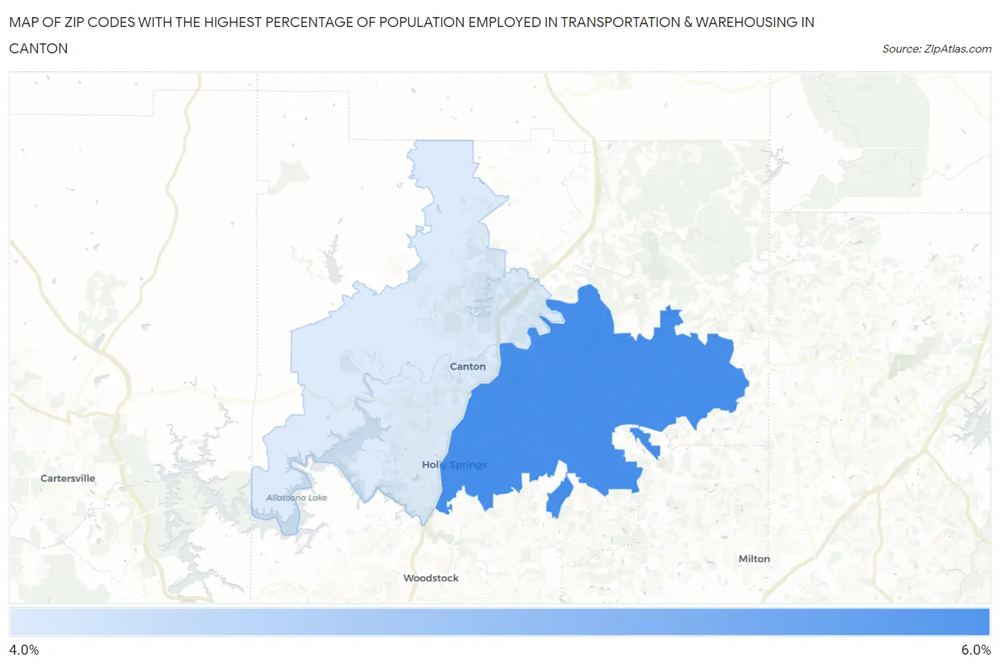 Zip Codes with the Highest Percentage of Population Employed in Transportation & Warehousing in Canton Map