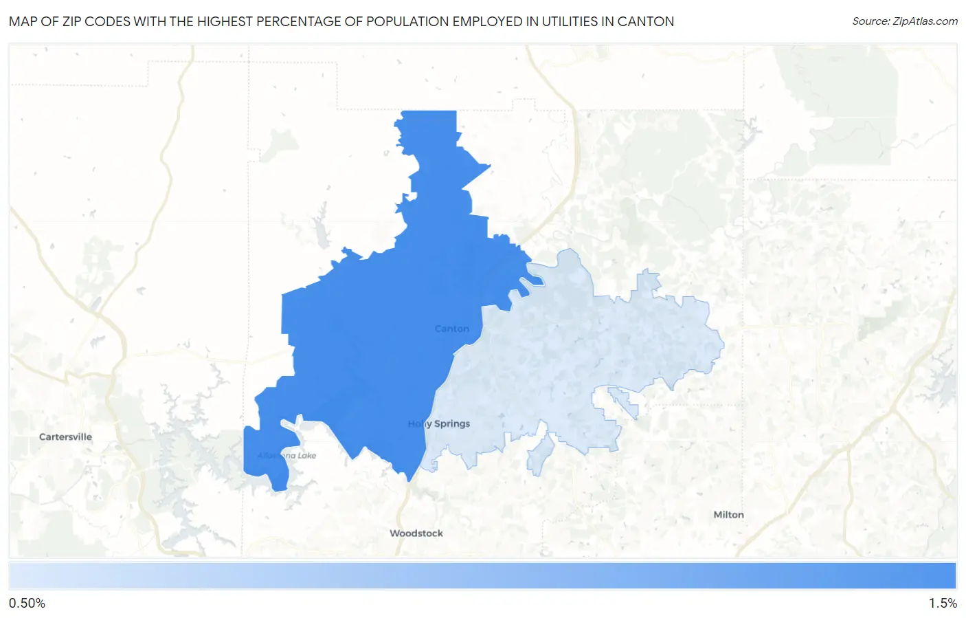 Zip Codes with the Highest Percentage of Population Employed in Utilities in Canton Map